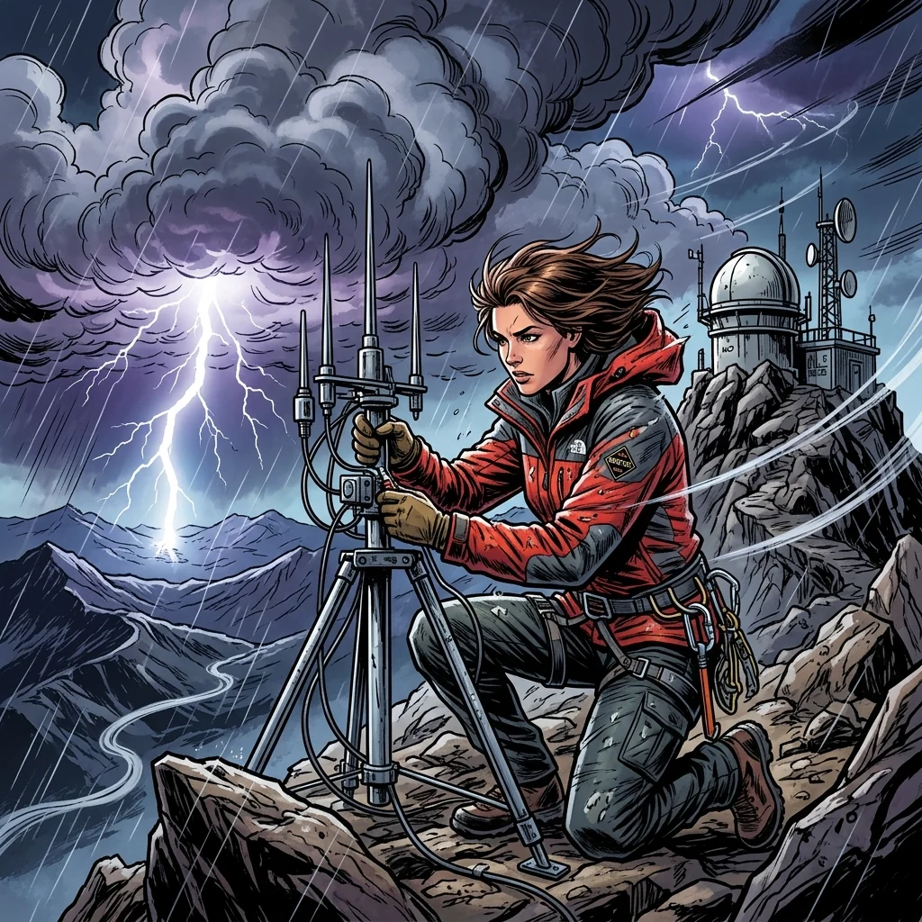 A meteorologist fastening lightning sensors at a mountain observatory during a storm