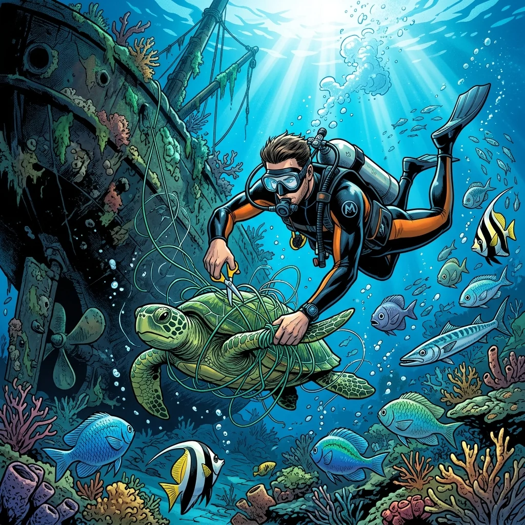 A diver freeing a sea turtle tangled in fishing line beside a shipwreck