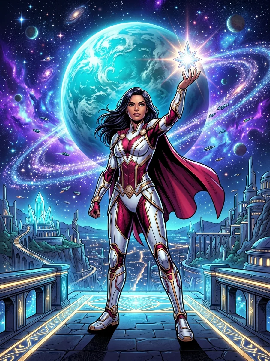 An original cosmic guardian raising a glowing star crystal above a radiant alien city