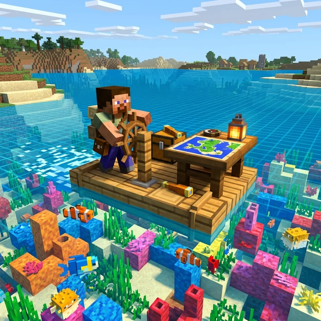 Blocky ocean cartographer steering a raft between bright coral reefs