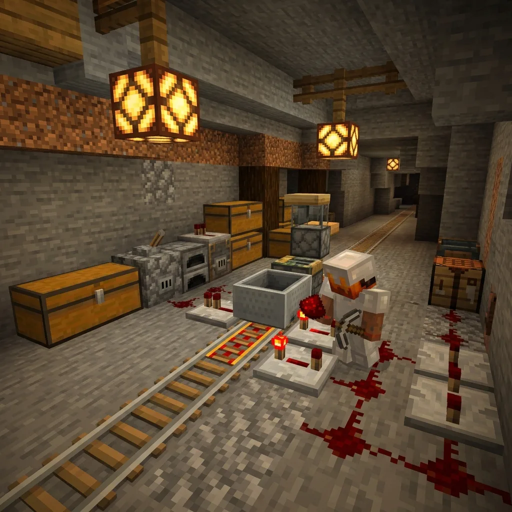Redstone engineer repairing a minecart switch in an underground workshop