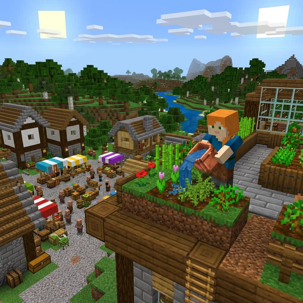 Block-world botanist watering a rooftop garden above a village market