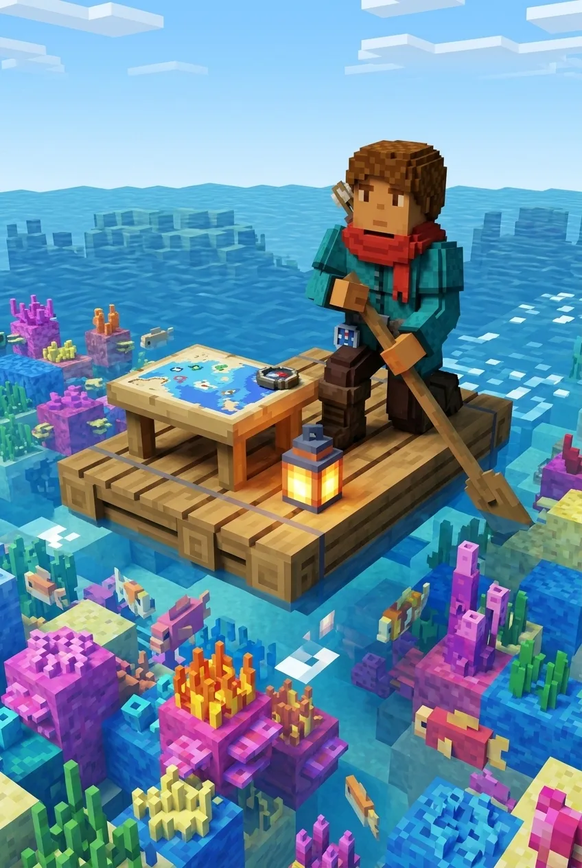Rowan Pike steering a raft between bright coral reefs in Minecraft-style voxel art