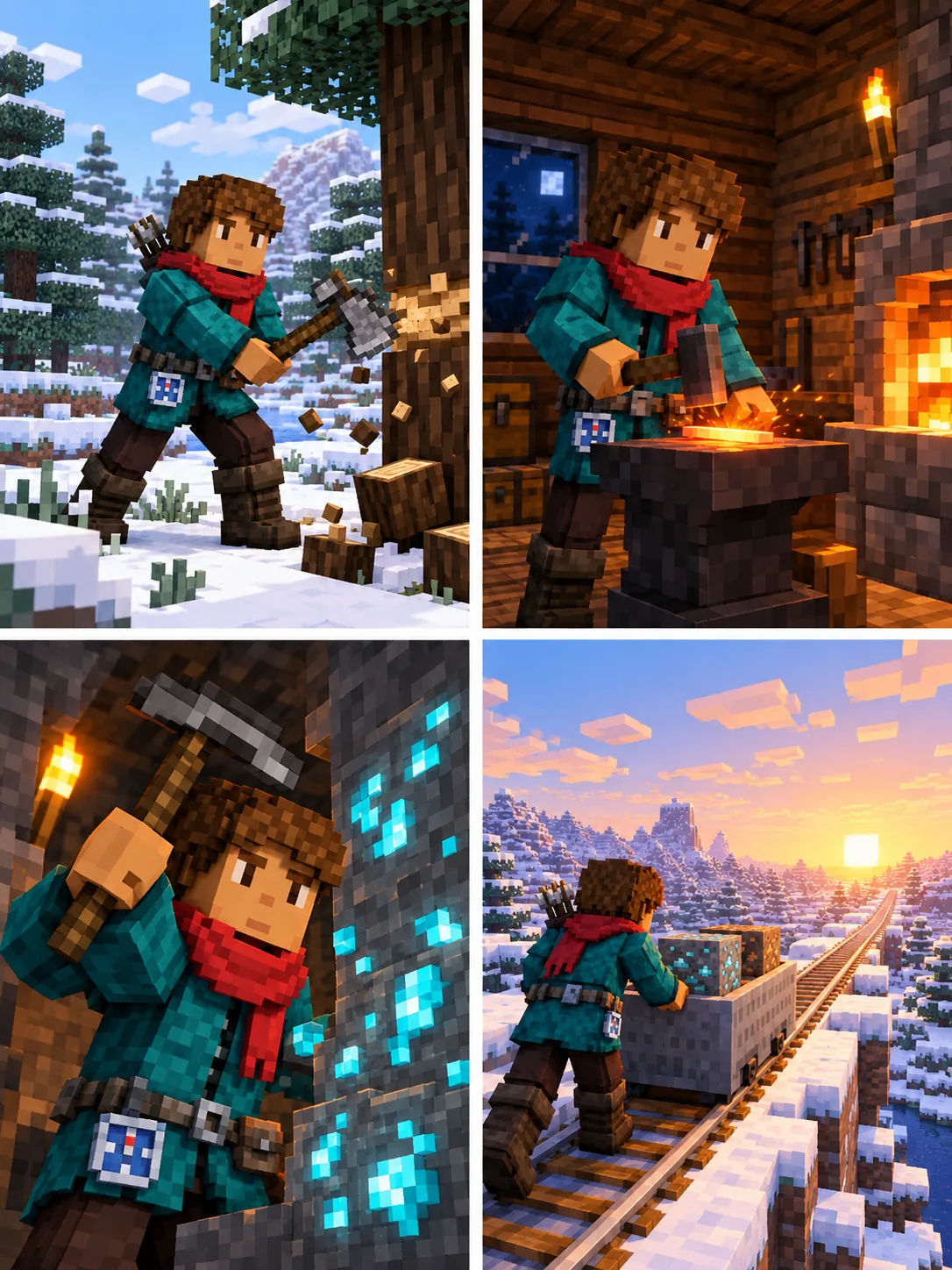 Guion gráfico de cuatro viñetas en estilo Minecraft