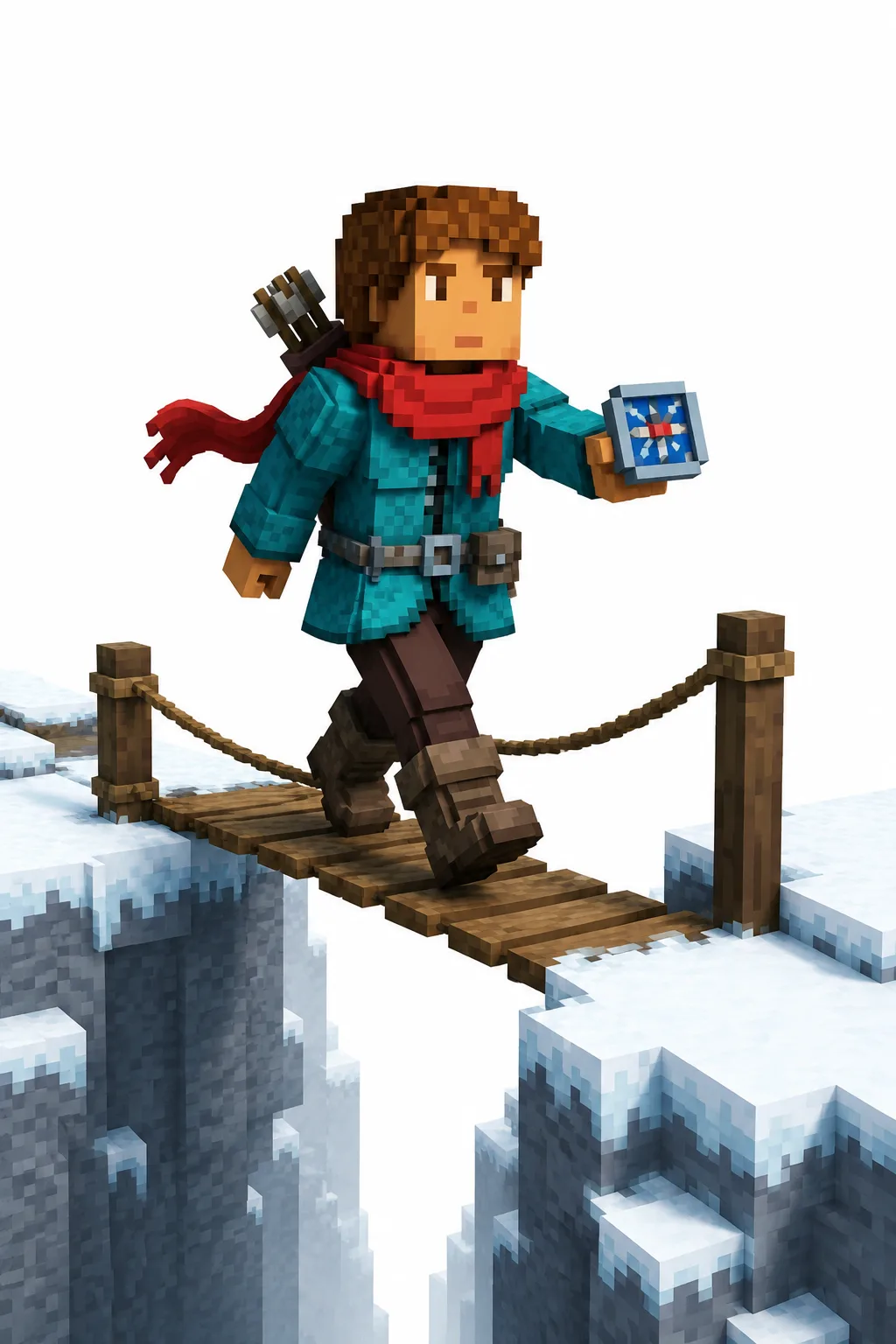 Rowan Pike crossing a canyon bridge with a fox companion in Minecraft-style voxel art