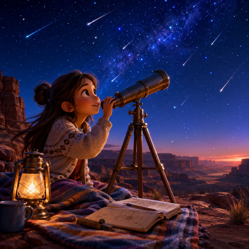 Pixar-style young stargazer watching a meteor shower above a desert canyon