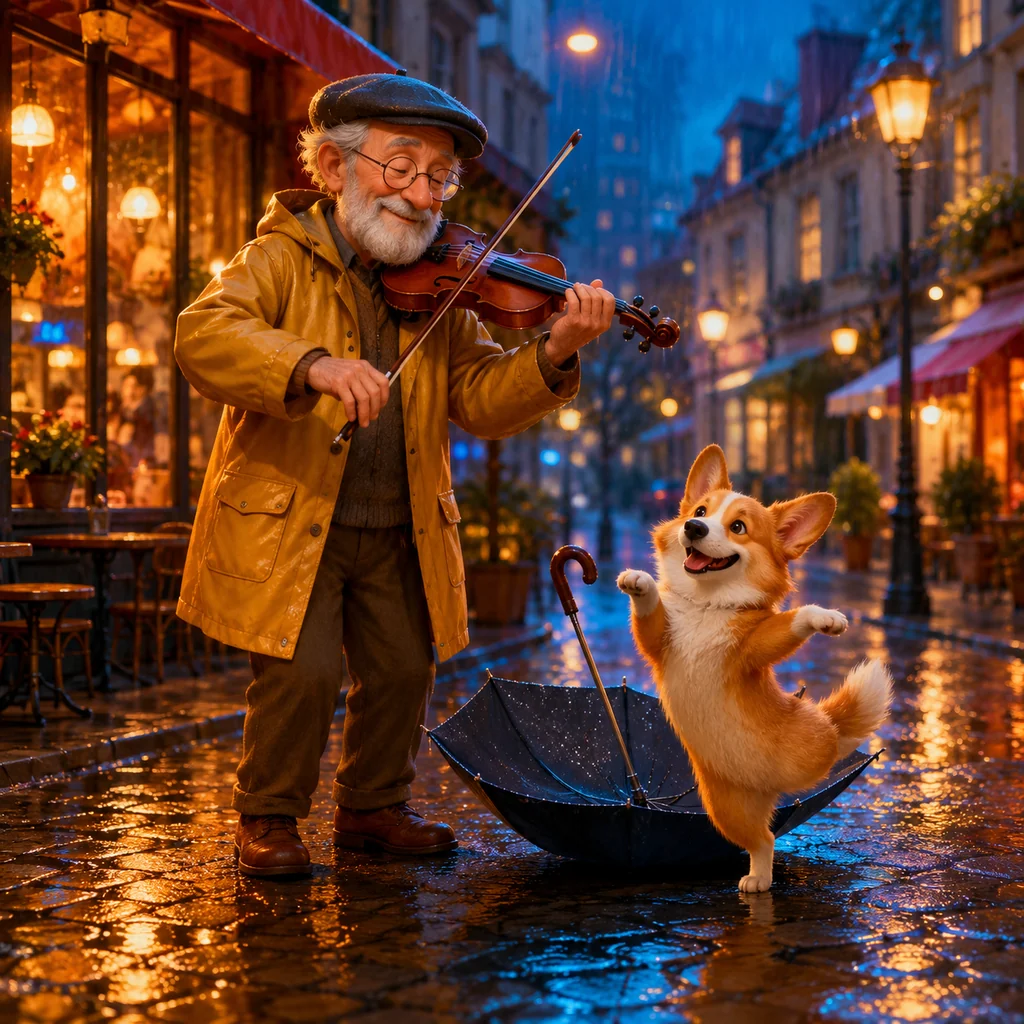 Pixar-style elderly violinist and dancing corgi on a rainy street