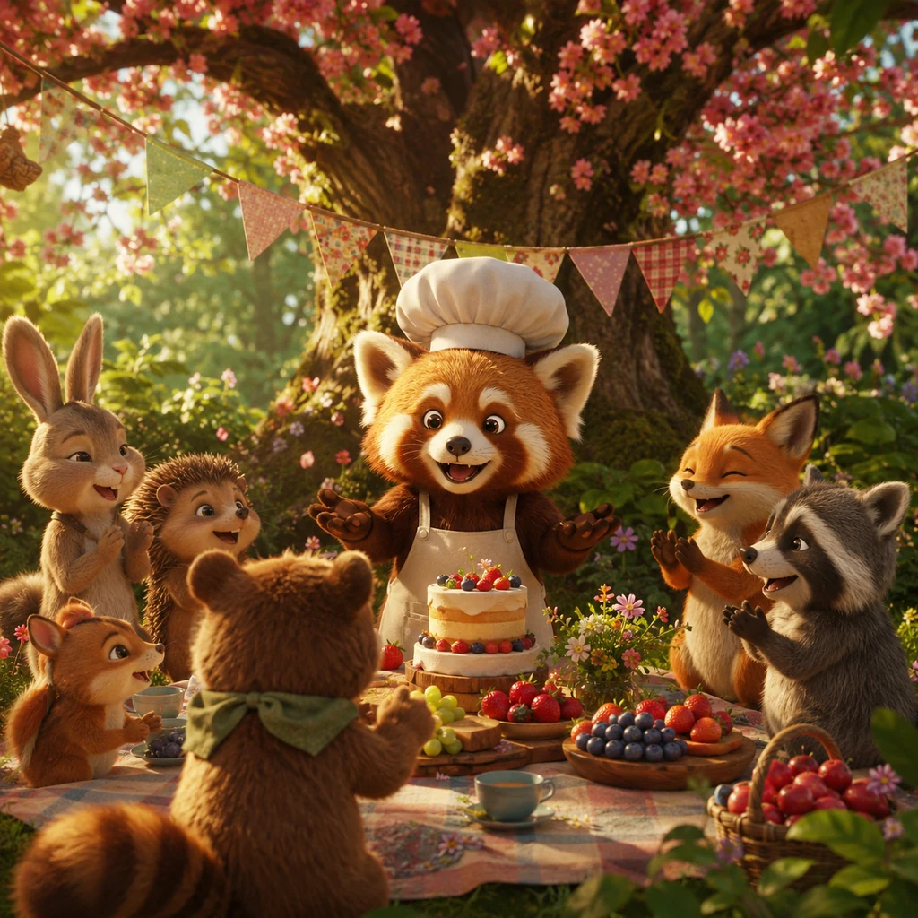 Pixar-style red panda pastry chef hosting a woodland birthday picnic