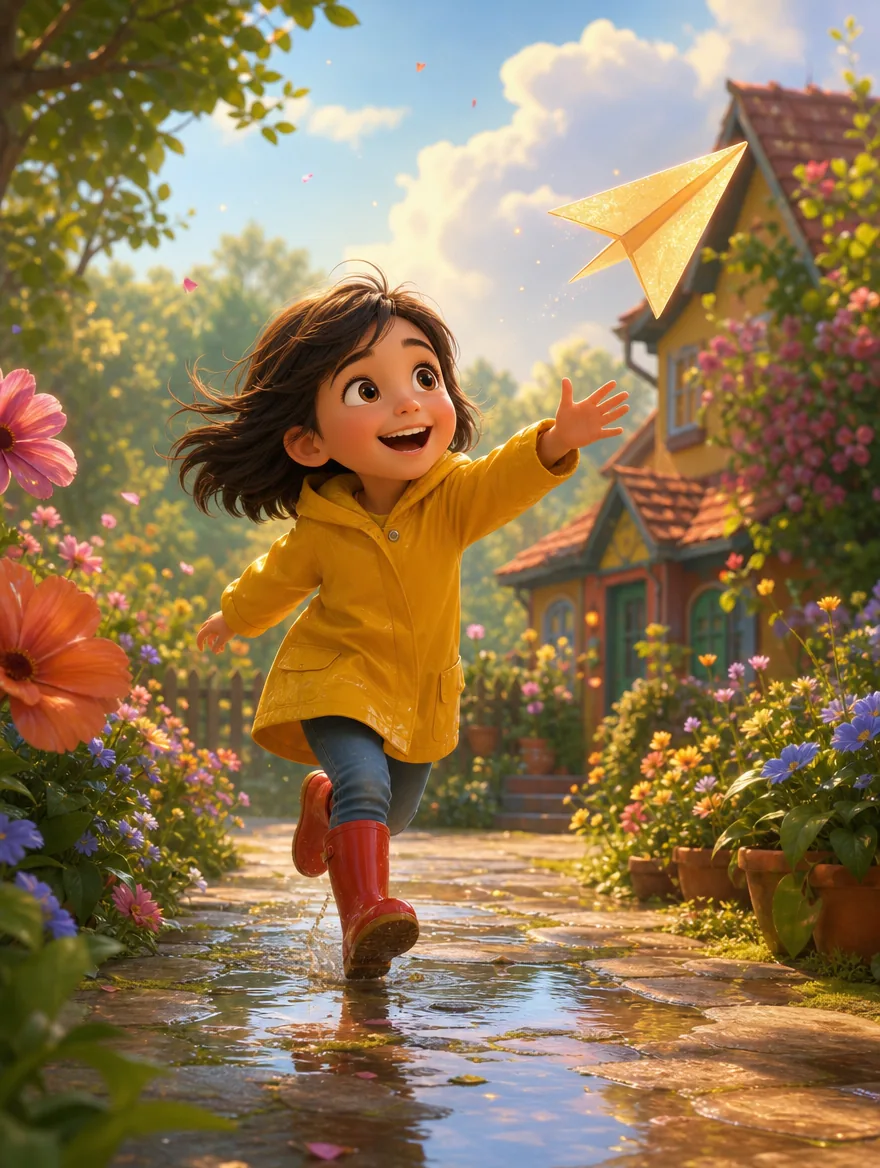 Joyful child in a yellow raincoat chasing a glowing paper airplane through a colorful Pixar-style garden