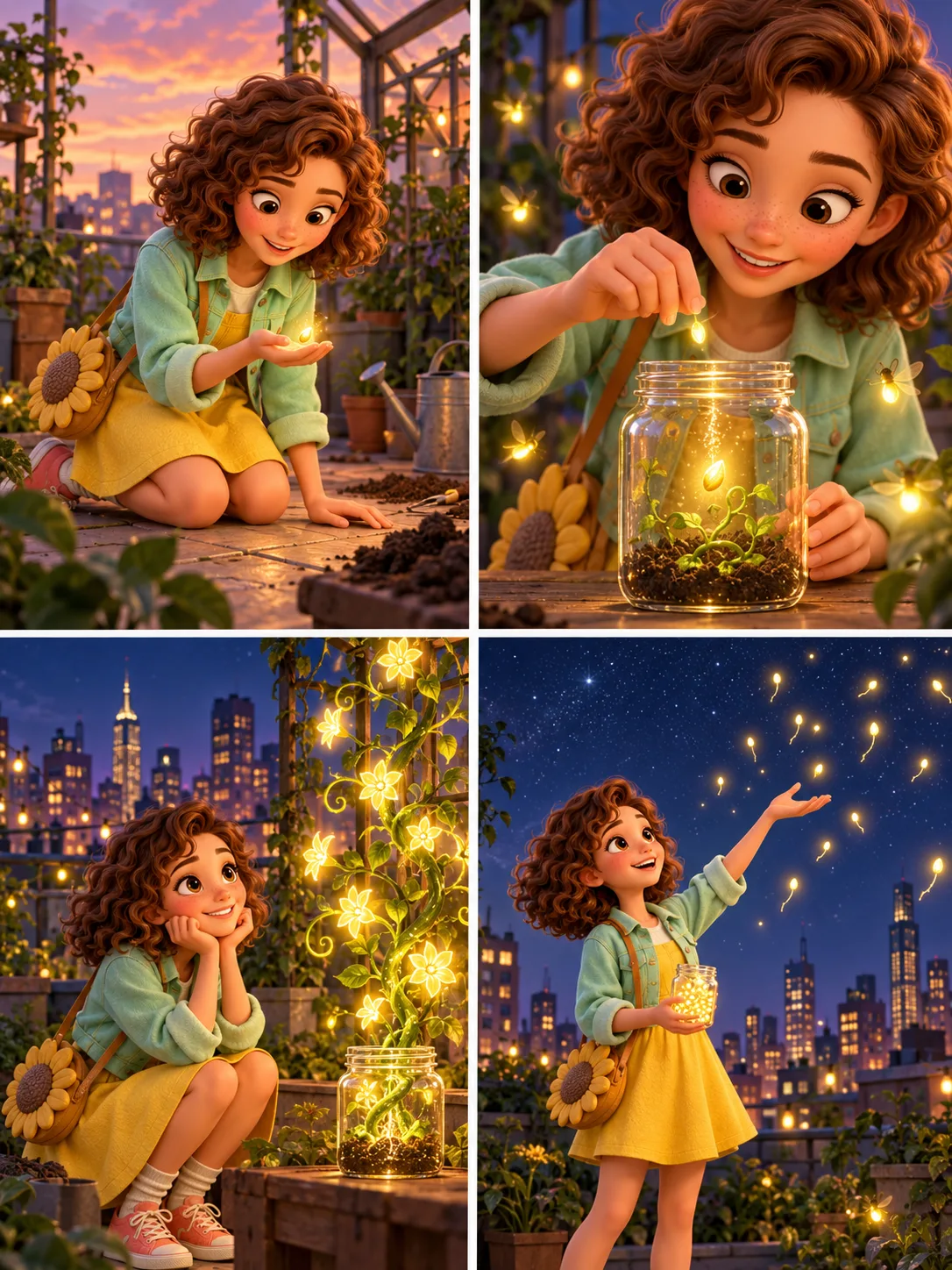 Four-panel storyboard of Lila Moreno planting a glowing seed that grows into a luminous vine above the city at night
