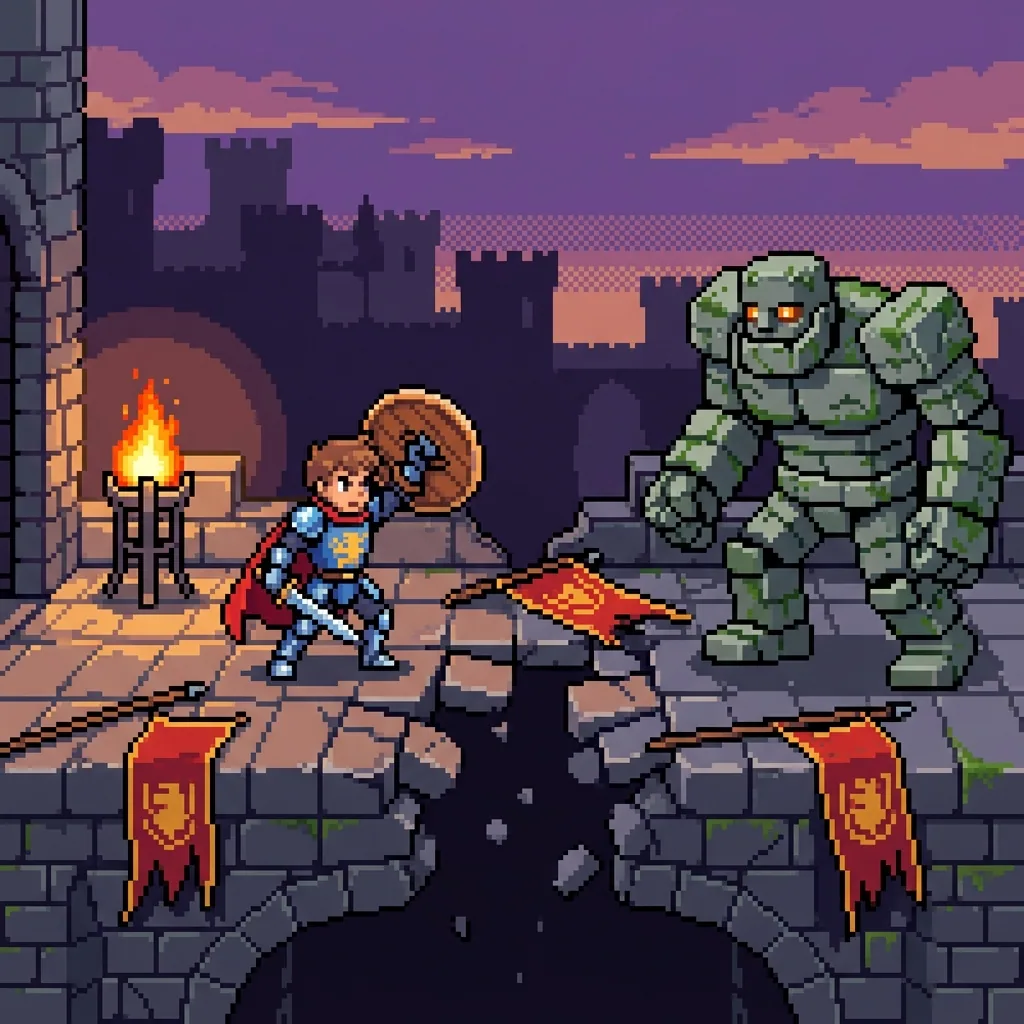 Pixel art knight facing a stone guardian on a broken castle bridge
