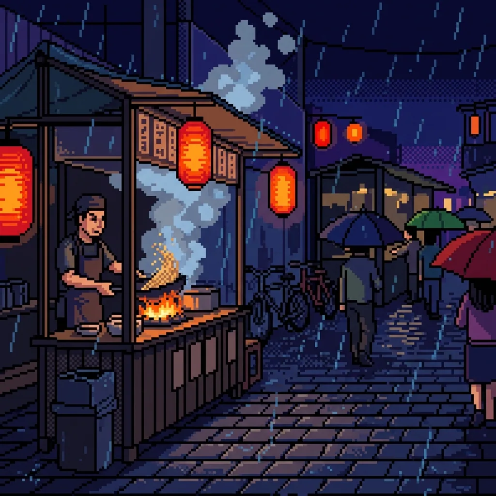 Pixel art street-food chef cooking noodles at a rainy night market
