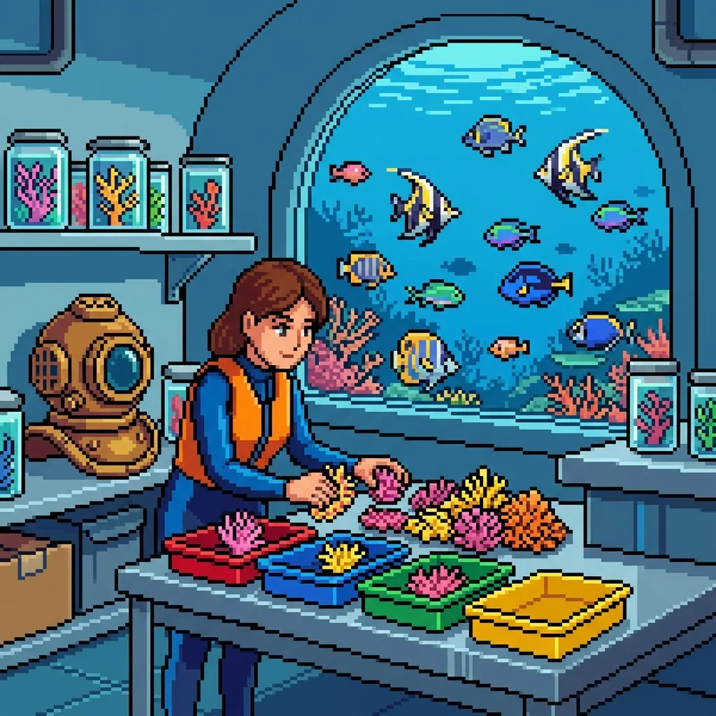 Pixel art marine biologist sorting coral samples in an underwater station
