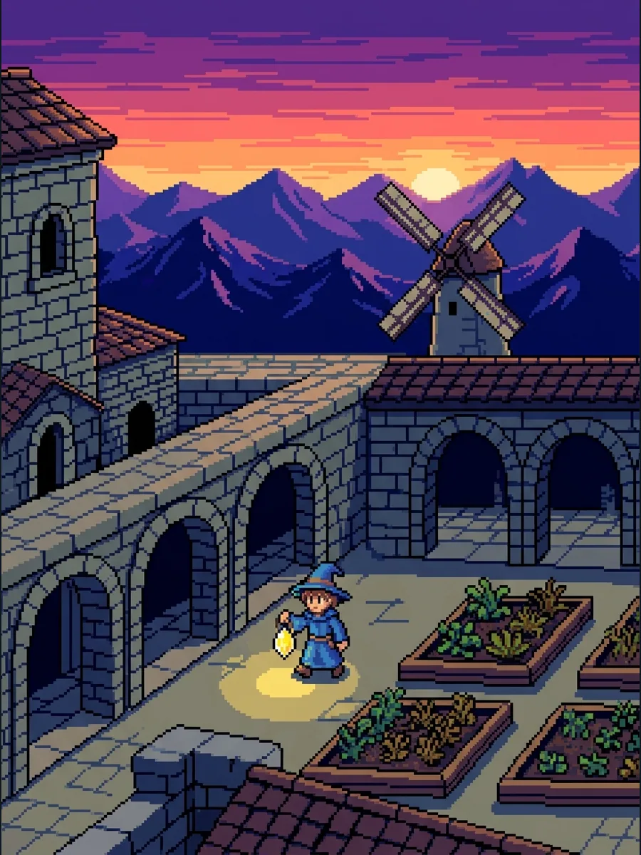 Pixel art magic apprentice carrying a lantern through a cliffside monastery courtyard