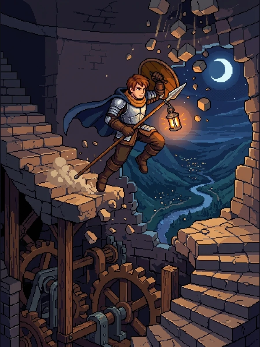 Elian Ward vaulting across a collapsing lighthouse stair above exposed gears