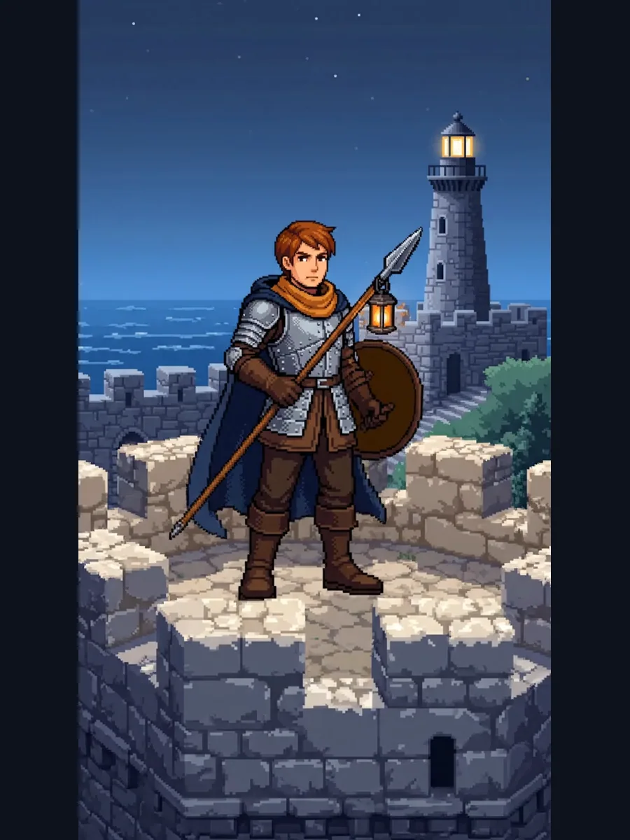 Elian Ward raising a lantern spear as a lighthouse beam crosses the castle battlement