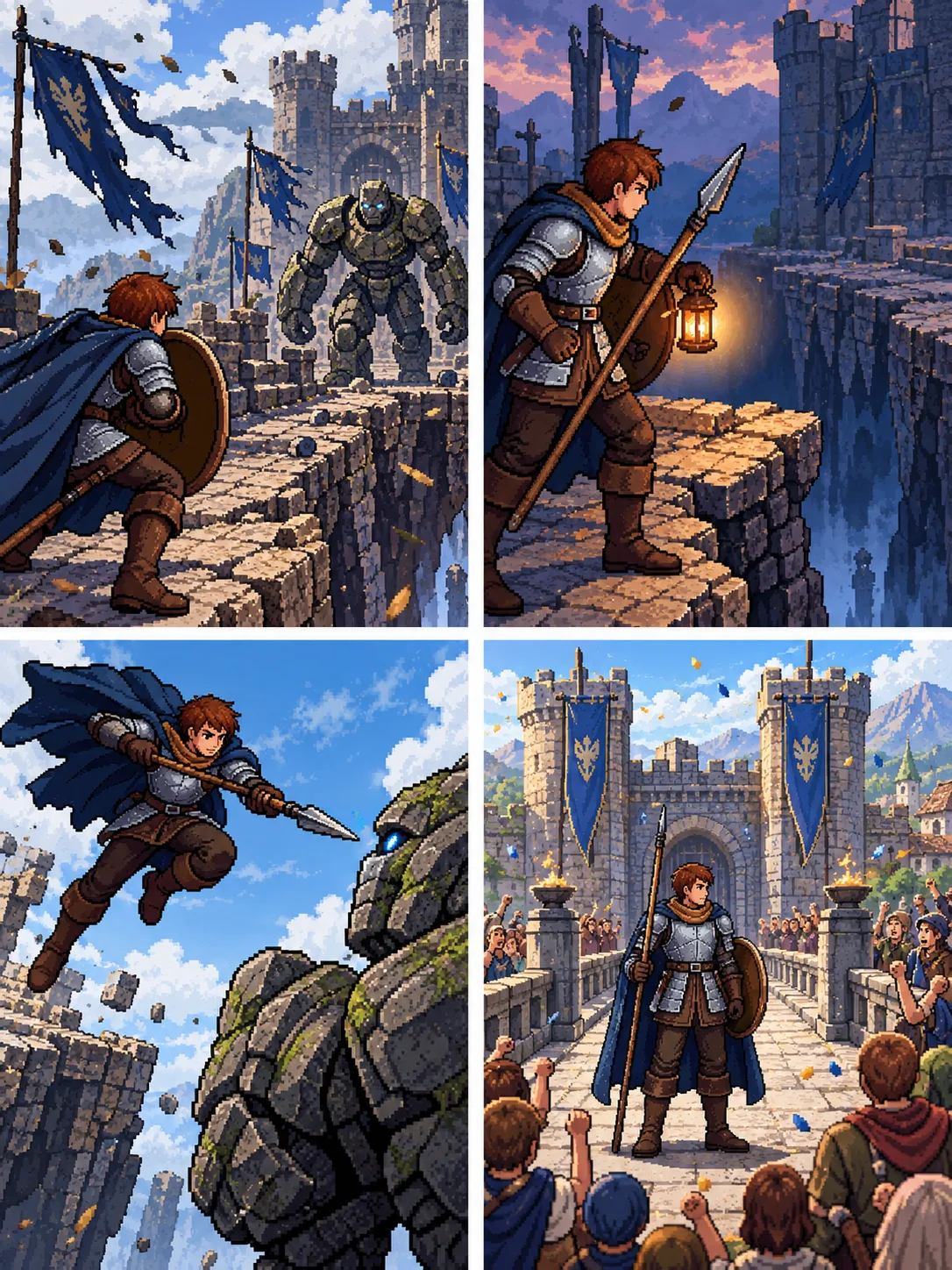 Storyboard di quattro vignette in stile Pixel Art