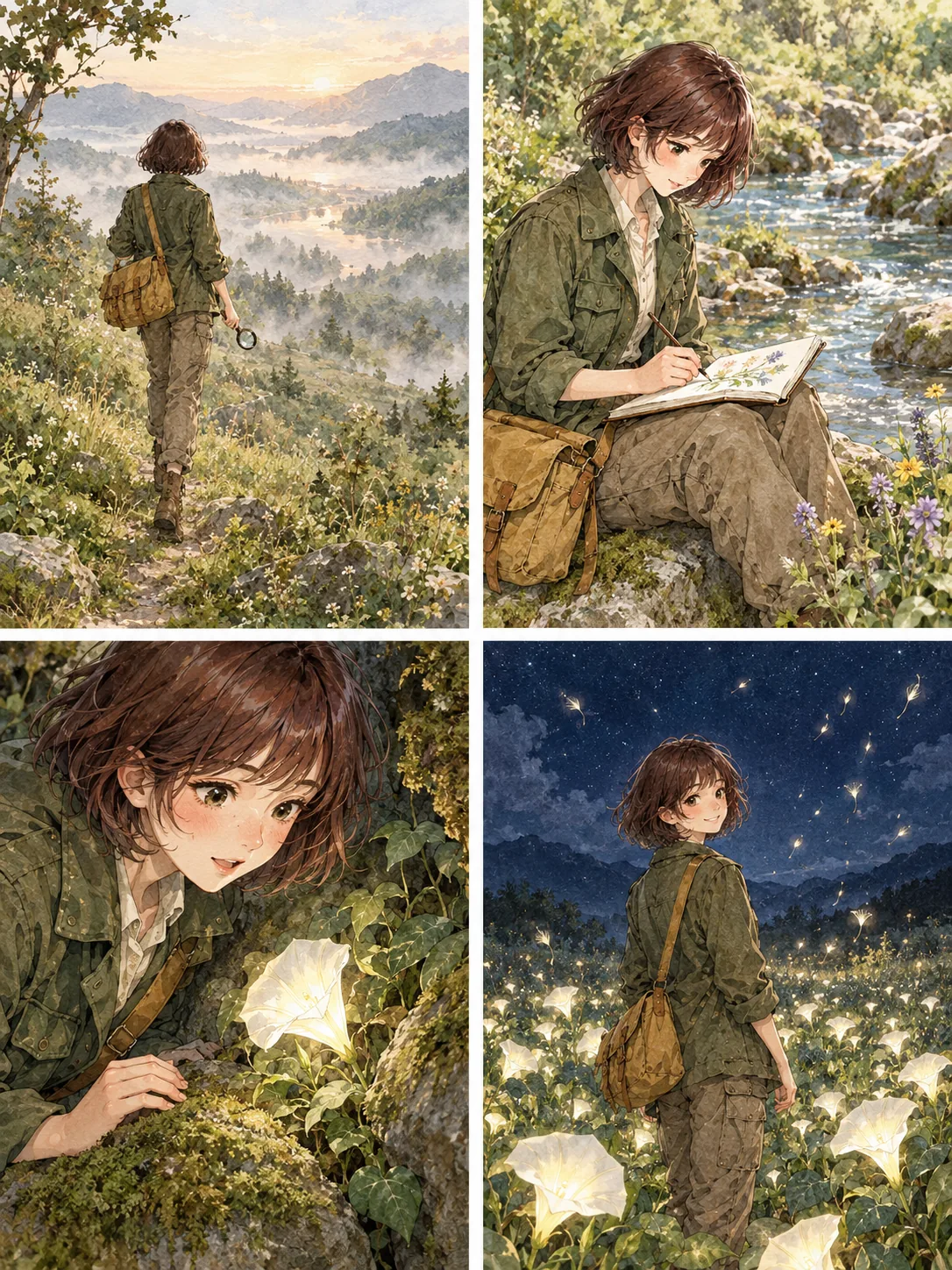 Four-panel storyboard of botanist Mara Venn walking into a misty valley, sketching by a stream, and finding glowing moonflowers at night