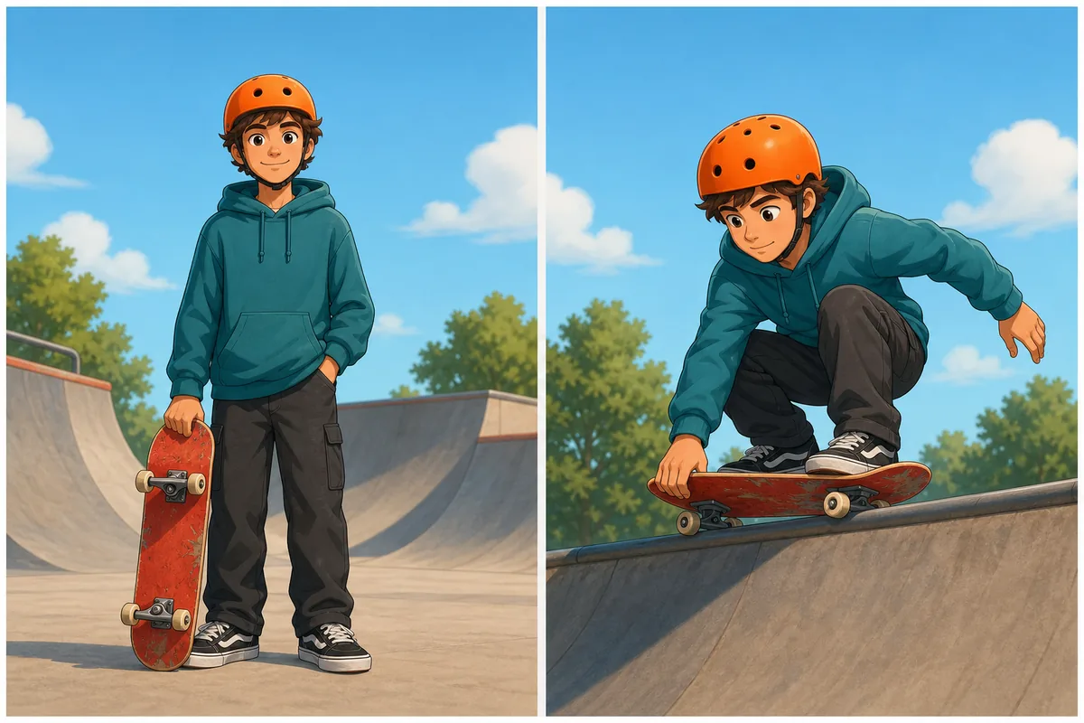 Static skateboarder prompt compared with a detailed crouching action pose