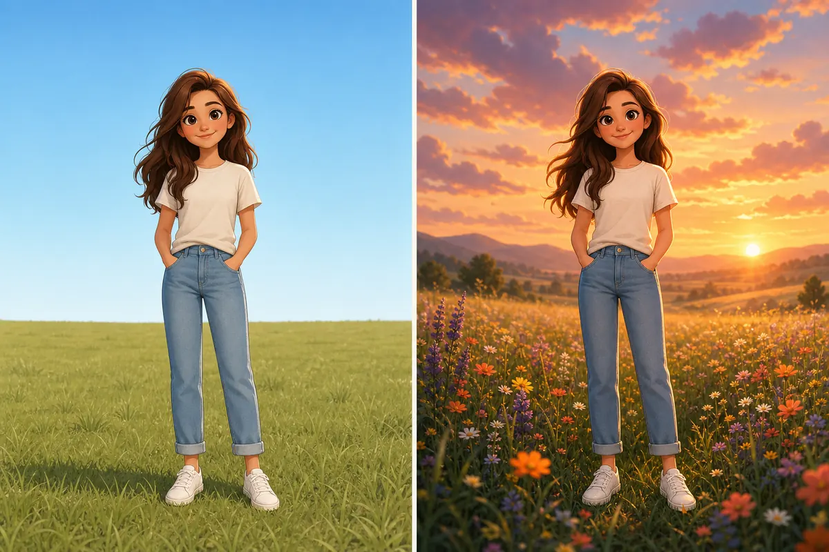 Plain field scene compared with a sunset scene with warm light and peaceful mood