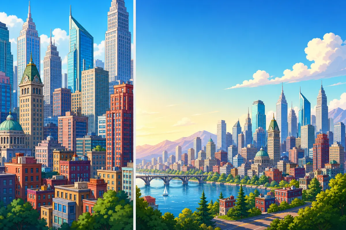 Unspecified cartoon city compared with a landscape desktop wallpaper composition