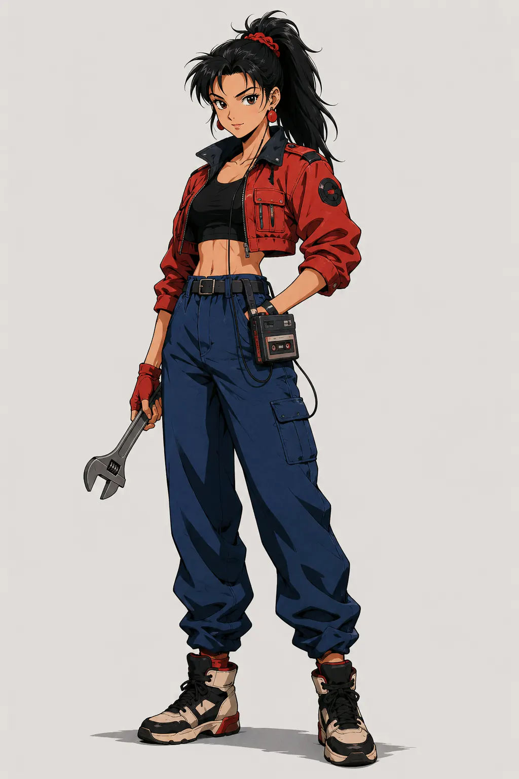 Full-body retro 90s anime portrait of Nova, a confident mechanic with a high black ponytail, red bomber jacket, blue cargo pants, and a cassette player on her belt