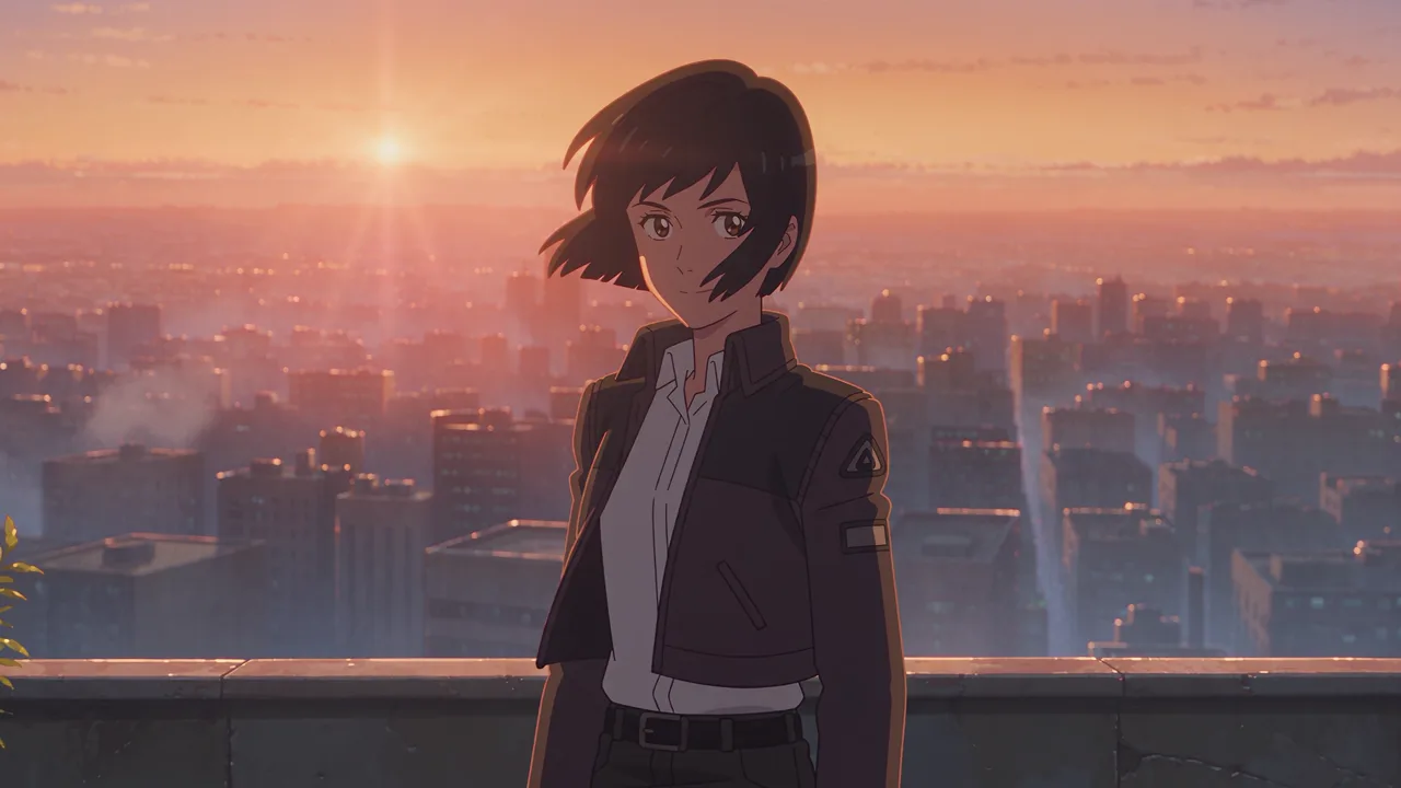 Anime cel video sample of a courier arriving on a sunset rooftop