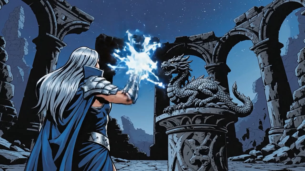 Marvel comic art video sample of a sorceress awakening a small dragon in a moonlit temple