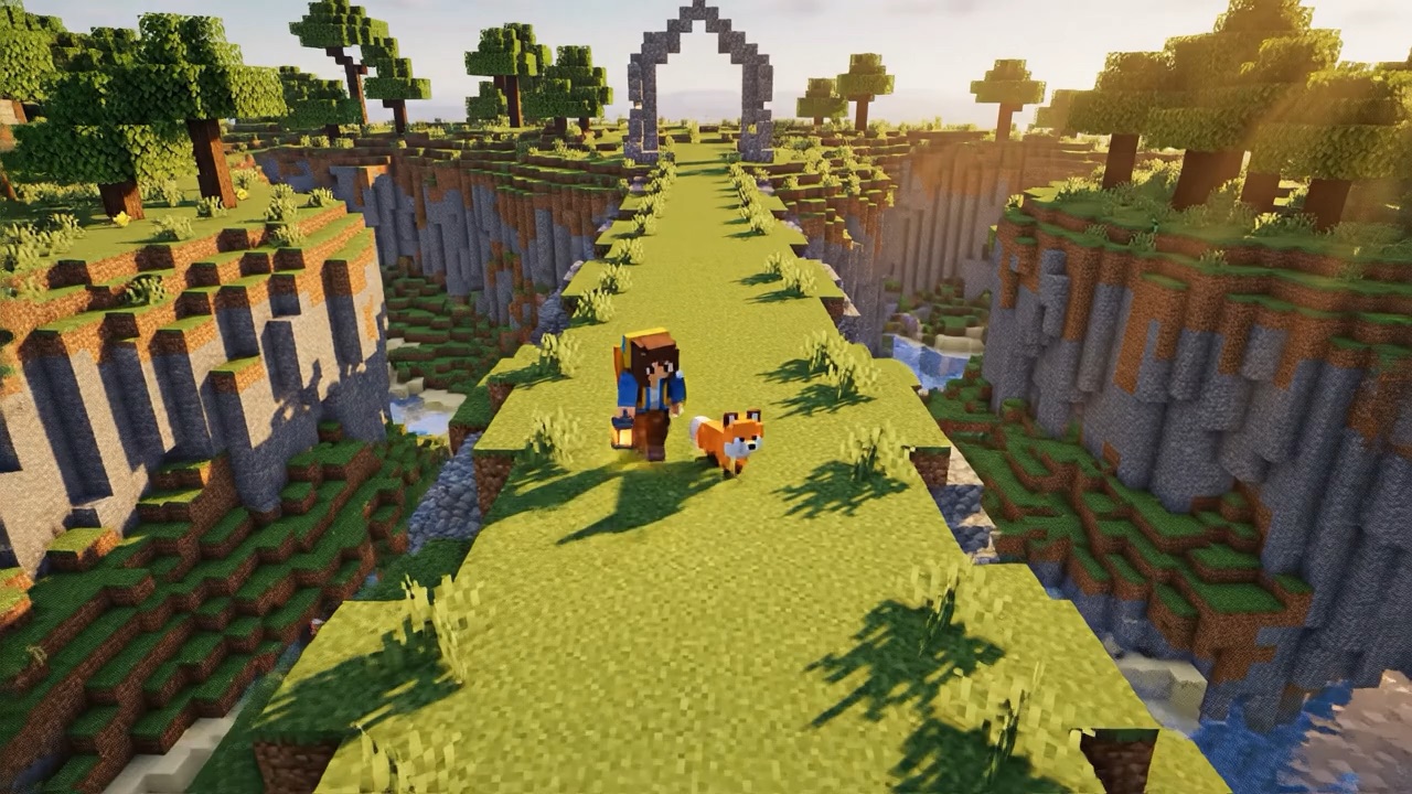 Minecraft style voxel video of a block-world explorer crossing a grassy canyon bridge with a fox