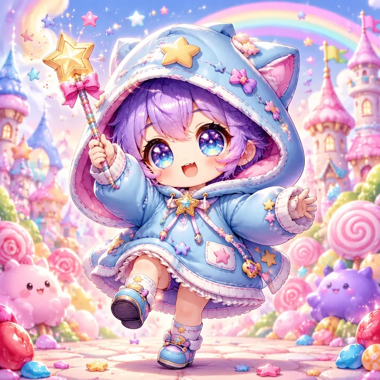 Chibi artwork with an oversized head, compact body, and clear character accessories