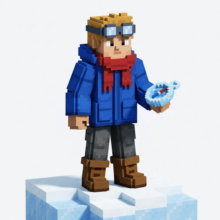 Full-body Minecraft-style frostland ranger with a red scarf and ice compass