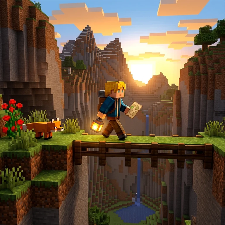 Block-world child crossing a lantern-lit village square with a friendly copper golem