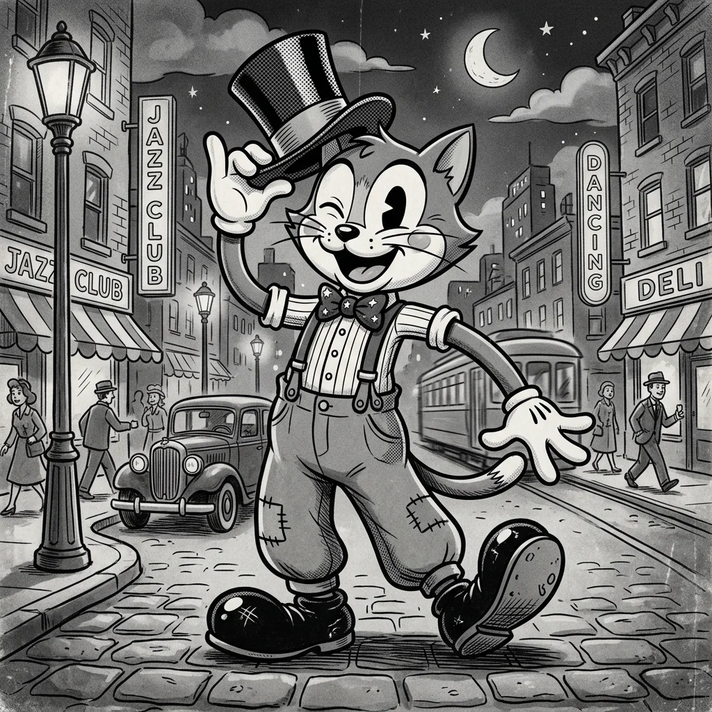 Rubber hose style cartoon with 1930s bendy limbs and vintage film texture
