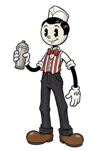 Full-body vintage cartoon of soda jerk Percy Pike with a round inkblot head, pie eyes, white fountain cap, red bow tie, red-and-white striped vest, white gloves, and oversized brown shoes, holding a nickel malt shaker