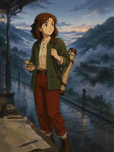 Iris Vale and a glowing map at a misty mountain station on the storybook cover