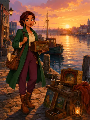 Elena Maris carrying her pocket theater beside a river harbor at sunset